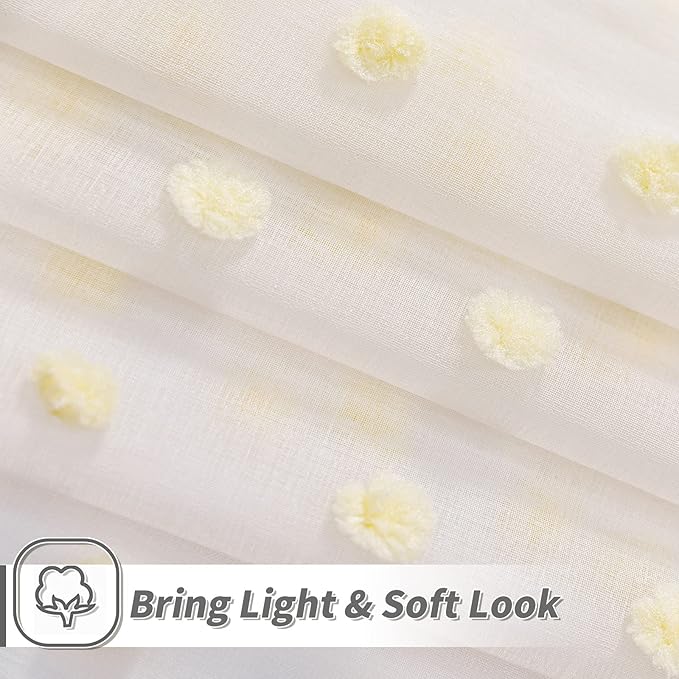 MYSKY HOME Yellow Curtains for Girls Bedroom Nursery Pom Pom Curains for Boys Girls Kids Room White Sheer Curtains for Living Room Playroom Rod Pocket Window 52" x 63" Set of 2