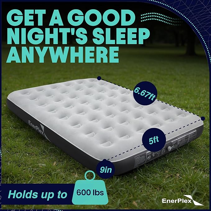 EnerPlex Camping Air Mattress with Built in Pump - Queen Blow Up Mattress for Travel & Guests - Portable Bed for Adults and Kids - Grey
