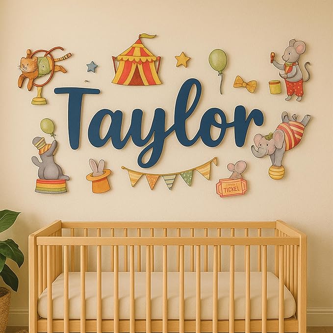 Custom Nursery Name Sign with Themed Decor Kit | Personalized Wooden Wall Art for Baby, Kids Room | Space, Jungle, Circus, Under the Sea, Woodland, Rainbow (60", Circus)