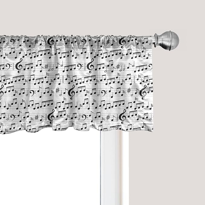 Ambesonne Music Window Valance Pack of 2, Abstract Style Professional Pattern Notes and Clef Sheet Play Writing Print, Rod Pocket Curtain Valances for Kitchen Bedroom, 42" X 12", Black White