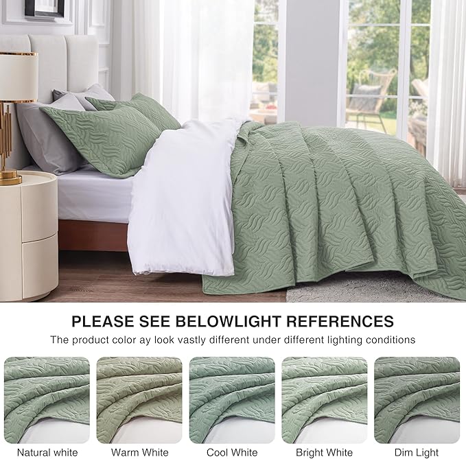 Love's cabin Twin Quilt Bedding Set Sage Bedspreads - Soft Bed Summer Lightweight Bedspread Comforter - Wave Pattern Bedding Coverlet for All Season - 2 Pieces (1 Quilt, 1 Pillow Sham)