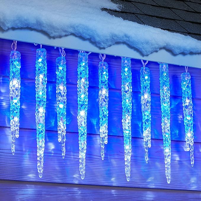 Minetom Icicle Lights Outdoor with Clips, 2 Pack Total 40ft 200 LED 40 Tubes Twinkling Connectable Hanging Ice Shape Christmas String Lights Plug in for Eave Holiday Outdoor, Blue and White