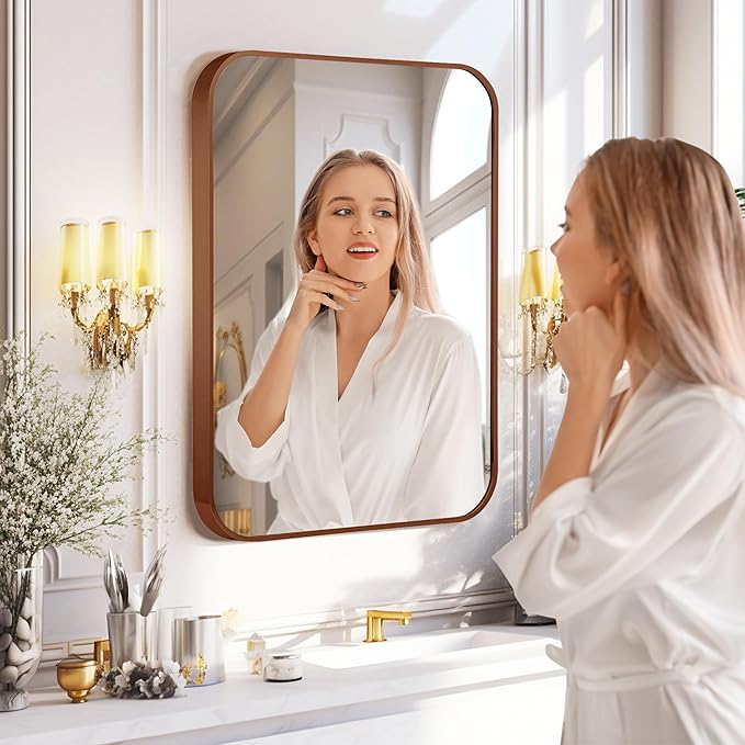 18"x24" Brushed Bronze Bathroom Mirror for Wall, Rounded Rectangle Mirror with Brown Metal Frame Hanging for Bathroom Entryway Vanity,Living Room,Bedroom,Vertical or Horizontal