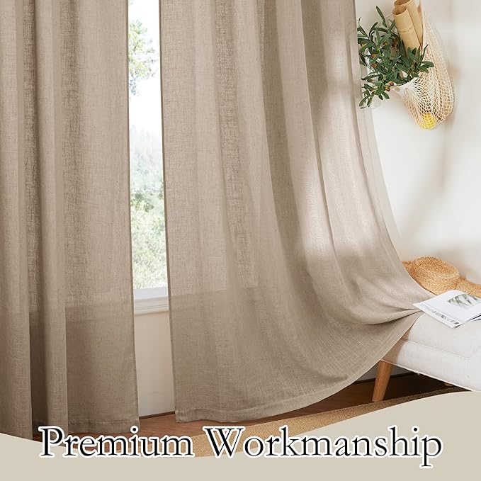 RYB HOME Natural Linen Curtains - Light Filtering Breathable Lightweight Semi Sheer 108 inches Long Vertical for Living Room Bedroom Nursery Playroom, W 60 inch x L 108 inch, Khaki, 1 Pc