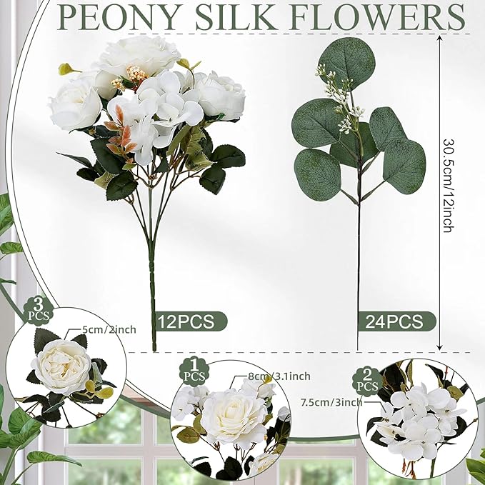Peony Artificial Flowers, Faux Peonies Hydrangea Eucalyptus Bouquet 12 Packs Silk Vintage Realistic Peony Floral Arrangement for Wedding Centerpiece Table Vase Home Party Decor-Ivory White