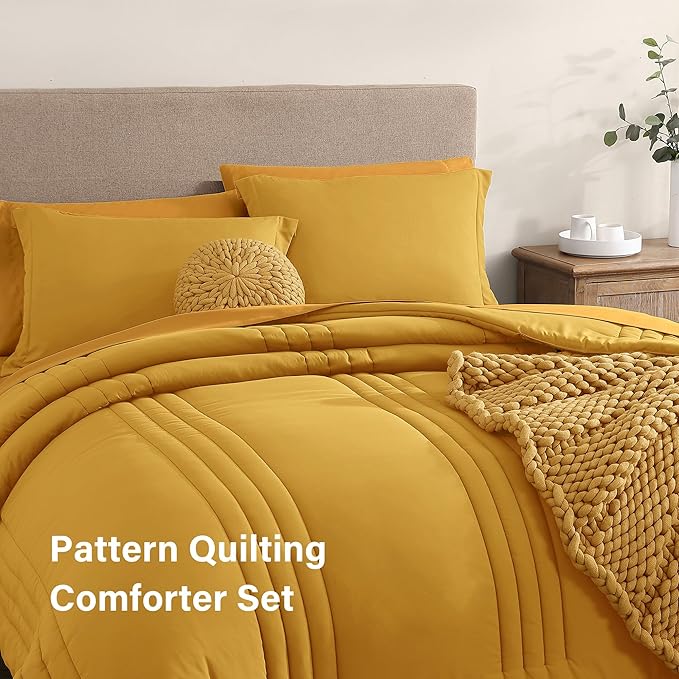 Monbix King Size Comforter Set - 7 Pieces Bed in a Bag King, Bright Yellow Bedding Sets with Comforter, All Seasons Down Alternative Comforter Bed Set with Sheets, Pillowcases & Shams