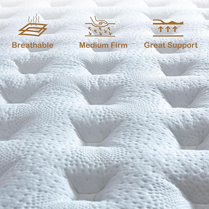 Queen Mattress, 12 Inch Mattresses Queen Size in a Box, Individually Wrapped Pocket Spring Mattresses,Pressure Relief, Medium Firm Support, Breathable and Low Motion Transfer