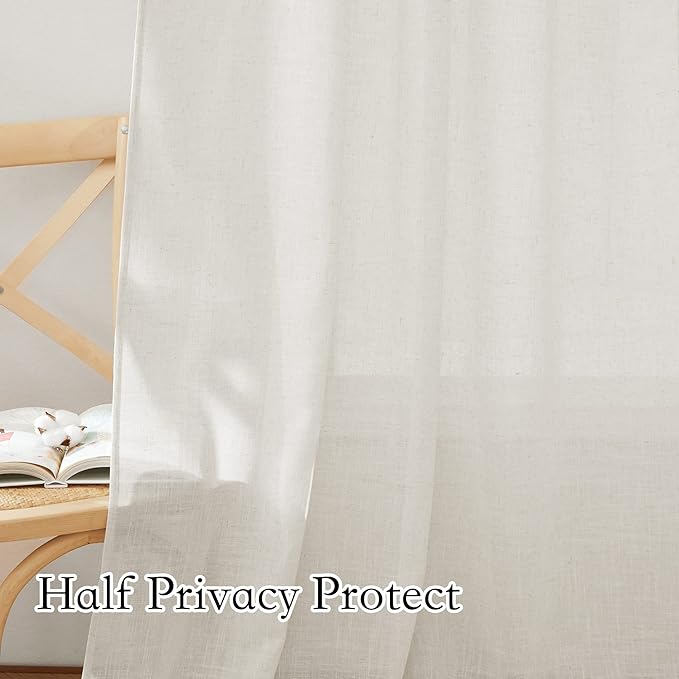 RYB HOME Natural Linen Blend Curtains - Semi Sheer Privacy Window Drapes, Soft Breathable Vintage Light Filtering Sheer Curtains 108 Inches Long for Sliding Door Bedroom, W 52 x L 108, 2 Pcs, Linen
