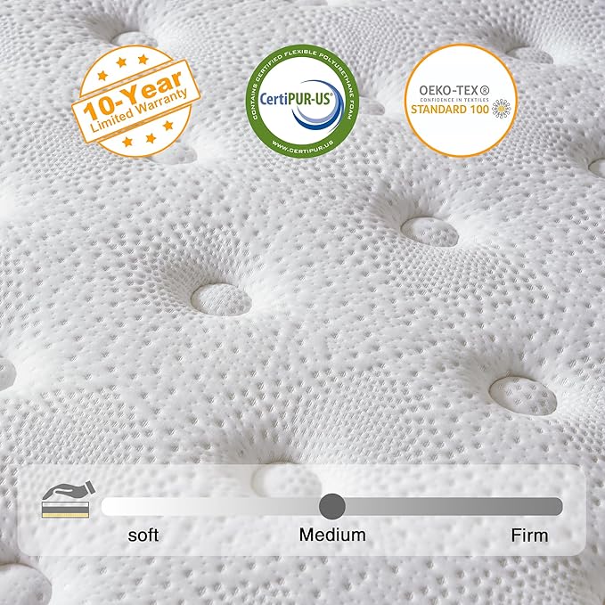 Full Size Mattress, 12 Inch Hybrid Mattress in a Box, Memory Foam and Individual Pocket Springs, Fiberglass Free, Soft and Breathable, Medium Firm Feel