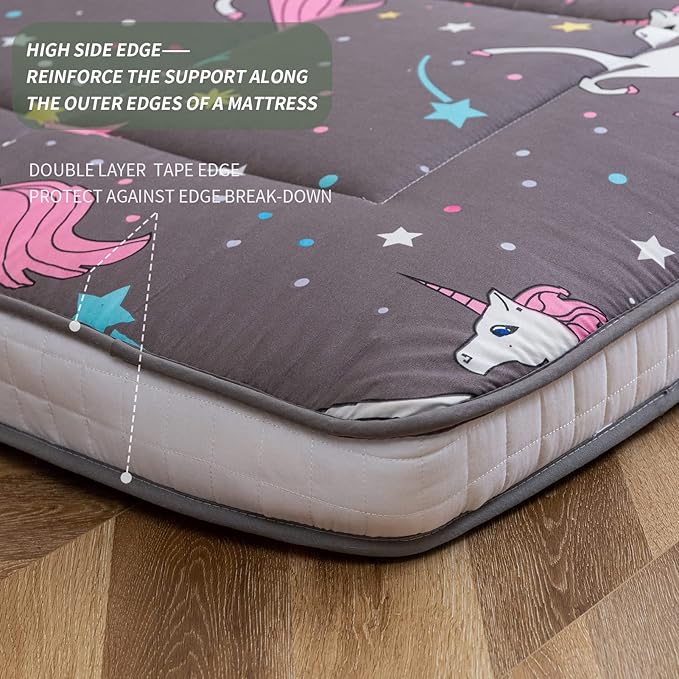 MAXYOYO Unicorn Pattern Futon Mattress, Padded Japanese Floor Mattress Quilted Bed Mattress Topper, Extra Thick Folding Sleeping Pad Breathable Floor Lounger Guest Bed for Camping Couch, Grey, Queen
