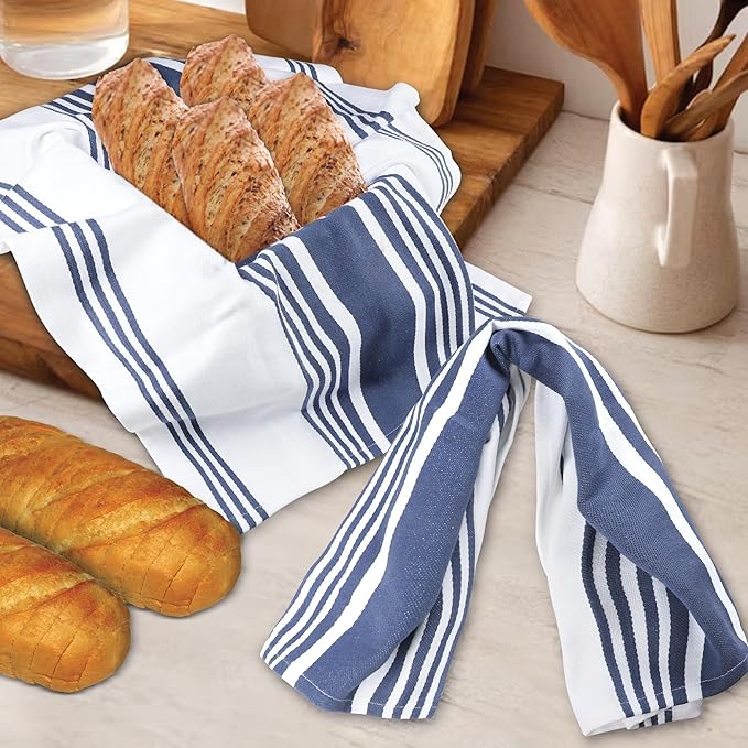 Urban Villa Kitchen Towels 100% Cotton Pack of 6, Highly Absorbent Quick Drying Super Soft Premium Dish Towels for Kitchen with Hanging Loop Hand & Tea Towels - 20x30 Inch, (Blue & White, Striped)