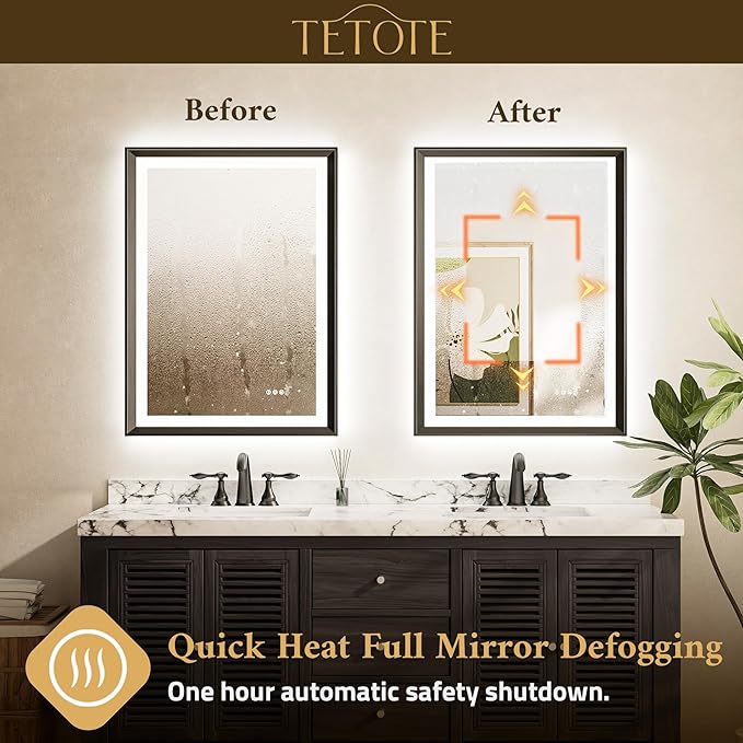 TETOTE Black LED Bathroom Mirror with Lights 24x36 Front & Back Light Vanity Framed Mirror Baroque Gothic Anti Fog Dimmable White/Warm/Natural,CRI90+,Waterproof,Wall Mounted(Horizontal/Vertical)