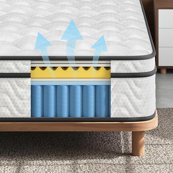 Vesgantti Mattress Queen Size 14 Inch, Fiberglass-Free | Cool Sleep Hybrid Mattress in a Box - Memory Foam & Pocket Springs, Ergonomic Design, Pressure Relief, Medium Firm Feel, 60"×80"×14"