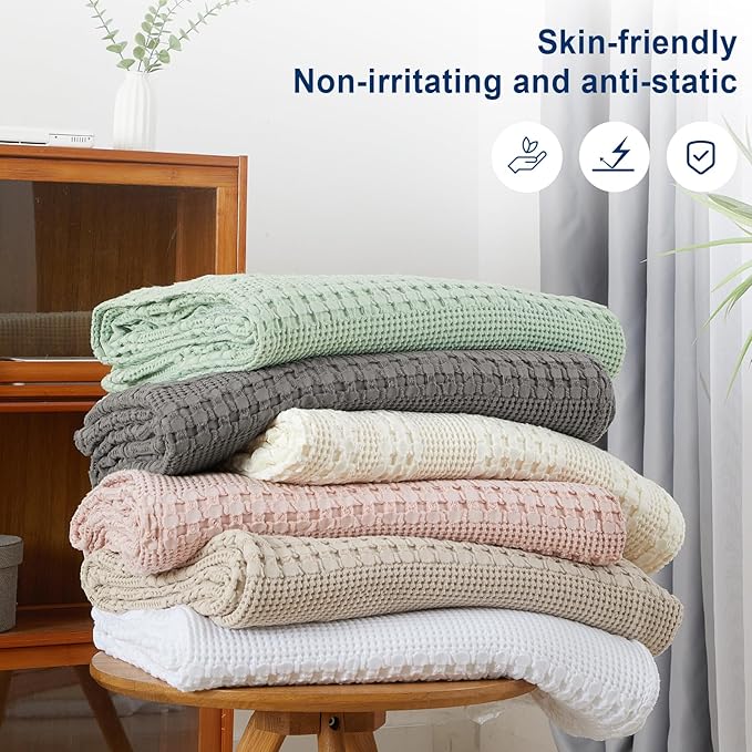 PHF 100% Cotton Waffle Weave Blanket Twin Size for Bed, Soft Lightweight & Breathable, All-Season Comfort, Luxury Aesthetic Woven Bedding for Home Decor, 66"x90", Cannoli Cream