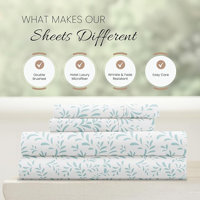 Linen Market 4 Piece King Sheet Set - Breathable, Double-Brushed Patterned Cooling Sheets – Oeko-TEX Certified Ultra Soft & Wrinkle-Free 16" Deep-Pocket King Sheets - Easy Care Burst of Vines Blue