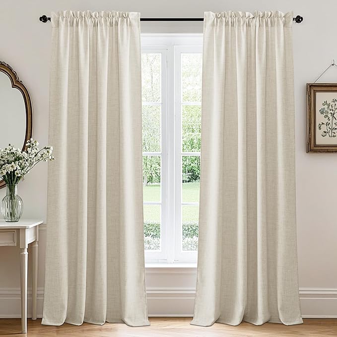 RYB HOME Living Room and Dining Room Curtains and Drapes Linen Sheer, Light Filtering Curtains 95 inches Long, Weave Textured/Rod Pocket, Cream Colored, W 52 x L 95 inches, 2 Panels Set