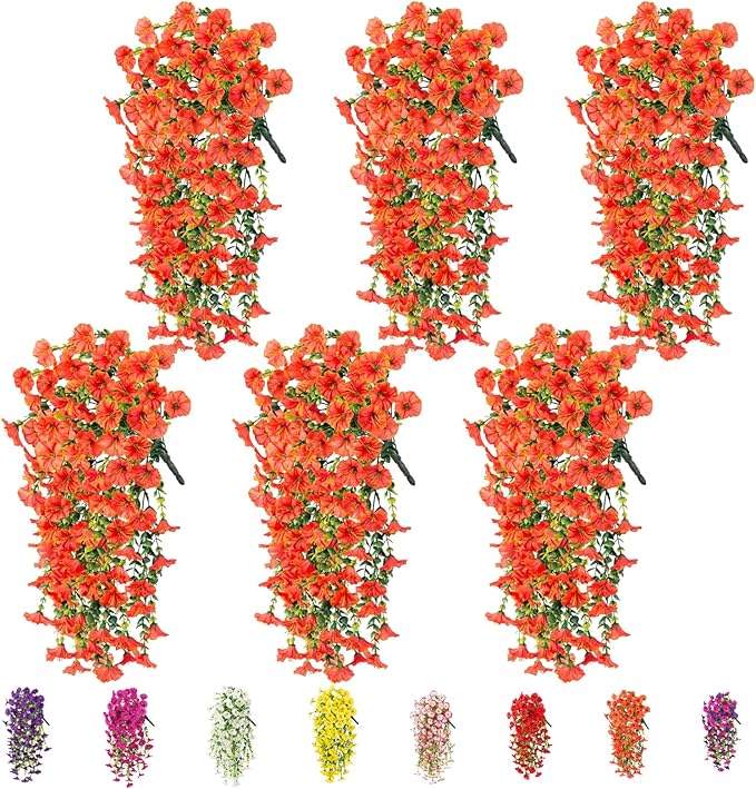 6-Pack Outdoor Faux Plants, 69-Flowered Large Morning Glory, Uv-Resistant Artificial Morning Glory,Perfect for Outdoor Decoration in All Seasons Such as Porches and Gardens (Orange)