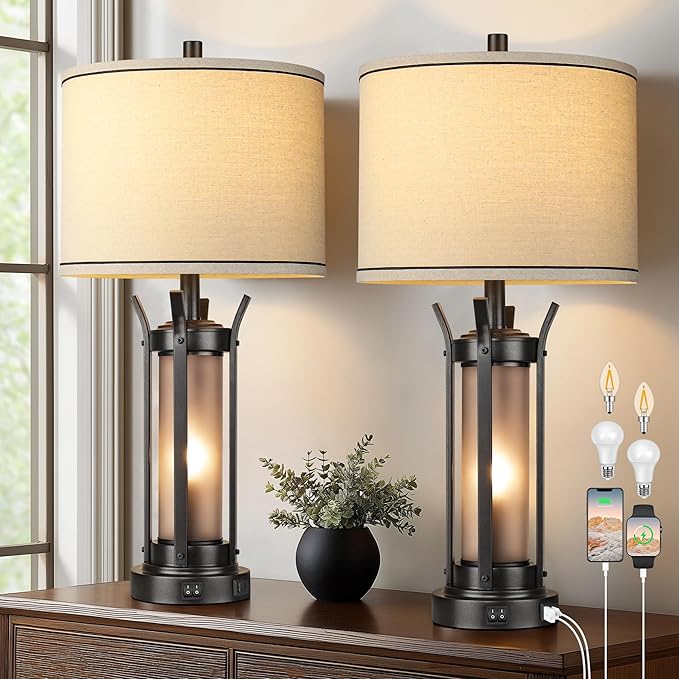QiMH Farmhouse Table Lamps for Living Room, Beside Lamps for Bedroom with USB A+C Charging Ports, Rustic Nightstand Lamp Set of 2 with Frosted Glass Night Light, 4 Bulbs Included (Black)