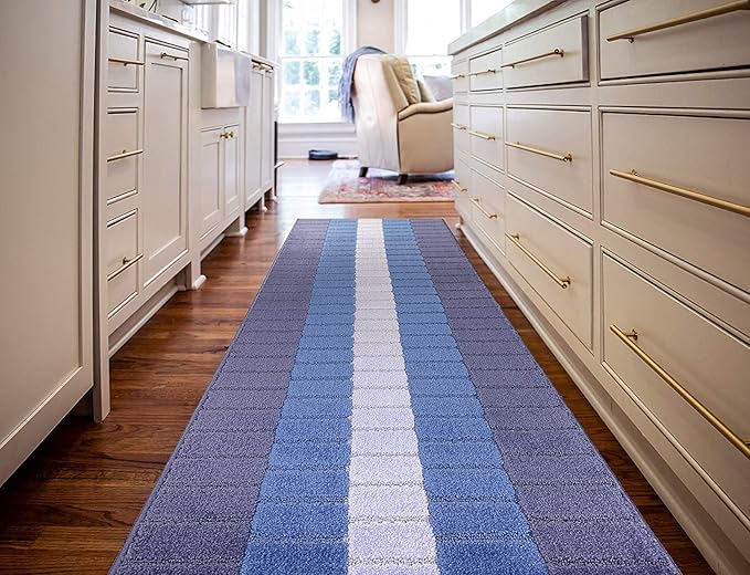 Custom Size Coastal Nautical Style Runner Rug Carpet for Hallway Entryway, Slip Resistant Latex Rubber Backed, 31 inch Wide X Customized Length, Squares Blue, 31 inch X 35 feet