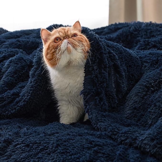 Bedsure GentleSoft Fluffy Navy Blue Blankets Queen Size for Bed, Thick Sherpa Fleece Faux Fur Fuzzy Plush Winter Warm Soft Full Queen Blankets, Bedroom Decor Blue Gifts for Women Men, 90x90