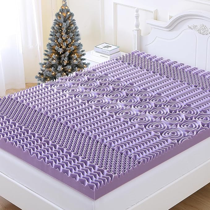 MUXHOMO 3.9 Inch 7-Zone Queen Mattress Topper, Egg Crate Foam Mattress Topper Queen Size for Back Pain, Lavender Cooling Gel Infused Bed Pad, CertiPUR-US and Oeko-TEX Certification (60"×80")