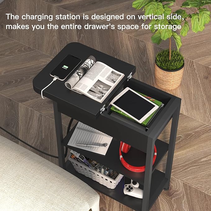 LIDYUK End Table with Charging Station, Flip Top Side Table with USB Ports and Outlets, Nightstand for Small Spaces, Bedside Tables with Storage Shelf for Living Room, Bedroom, Black