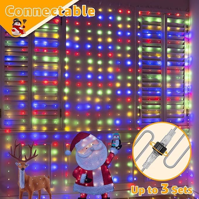 Ollny Curtain Lights 300 LED 9.8FT x 9.8FT, Connectable IP67 Waterproof Outdoor Christmas Curtain Lights with Remote, Plug-in Untangle Fairy Lights with 8 Modes&Timers for House Decor(Multicolored)