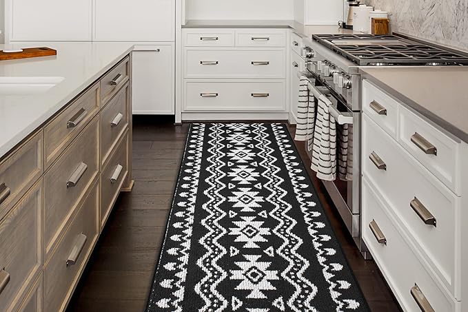 Custom Length Cut to Size Tribal Ethnic Southwestern Inspired Hallway Runner Rug, Non Slip Rubber Backed, 31 inch Wide X Customized Length, Aztec Black, 31 inch X 14 feet