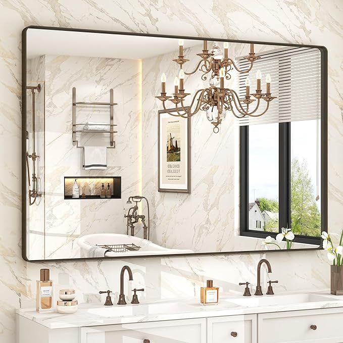 55x36 Bronze Framed Bathroom Mirror, Rectangle Brushed Bronze Metal Vanity Mirror, Large Modern Mirror for Wall, Rounded Corner, Tempered Glass, Anti-Rust, Shatterproof (Horizontal/Vertical)