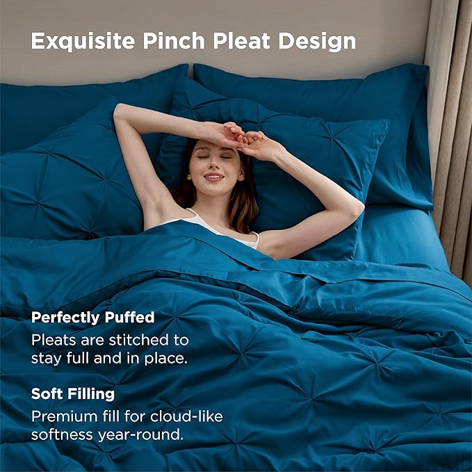 Bedsure Full Comforter Set Teal - Bed in a Bag Full Size Bedding Set 7 Pieces, GentleSoft™ Pintuck Bed Set Gift for Family, Pinch Pleat All Season Comforter with Sheets, Pillowcases & Shams