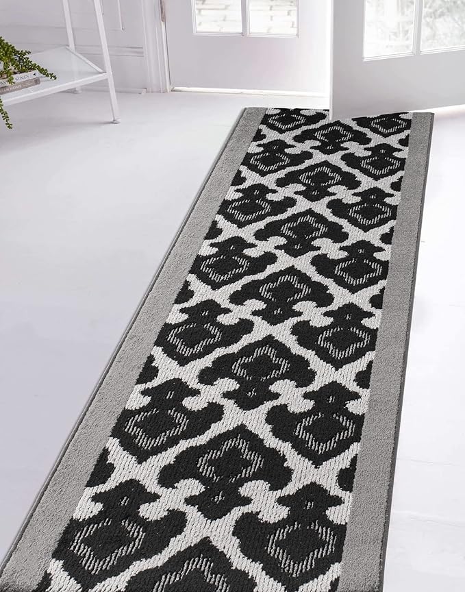 Custom Length Cut to Size Fleur de Lis Inspired Carpet Runner Rug for Hallways, Non Slip Rubber Backed, 31 inch Wide X Customized Length, Royal Grey, 31 inch X 11 feet