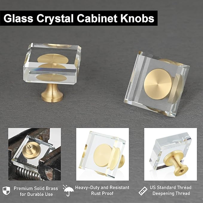 QOGRISUN 5-Pack Brass Crystal Cabinet Knobs,Glass Crystal Gold Drawer Knobs,1-1/8-Inch Square,Decorative Dresser Pulls, Modern Cabinet Hardware