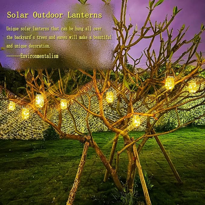 Cooo 6 Pack Solar Lanterns Outdoor Waterproof Upgraded Crystal Glass Solar Mason Jar Lights 30 LED 215% Larger SolarPanel, Anti-Rust Lid Hanging Outdoor Lanterns for Patio Garden Porch