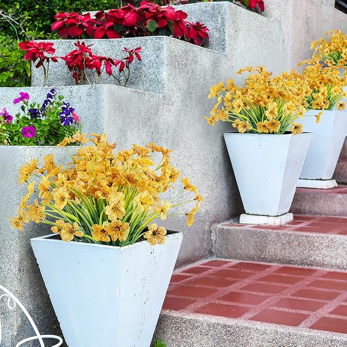 30 Bundles Artificial Flowers Outdoor UV Resistant Fake Flowers No Fade Faux Plastic Plants Garden Porch Window Box Decorating (Yellow)