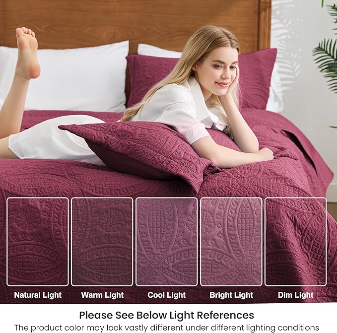 Love's cabin Quilts for Full Bed Burgundy Bedspreads Bedding Set - Lightweight Bedspread Comforter - Coin Pattern Bedding Coverlet for All Season - 3 Pieces (1 Quilt, 2 Pillow Shams)