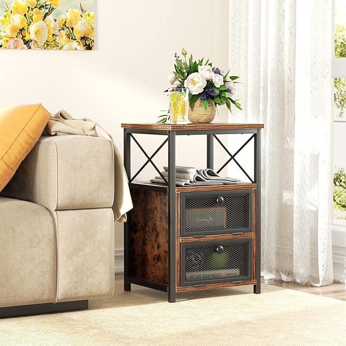 VECELO Modern Night Stand, End Side Table with Storage Space and Door, Nightstands with Flip Drawers for Living Room,Bedroom,Lounge,Set of 2, Brown