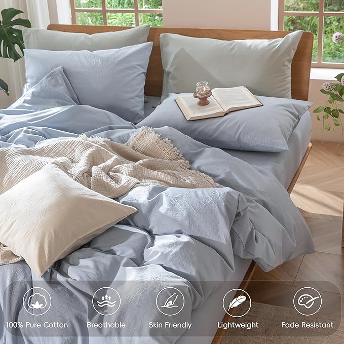 MooMee Bedding Duvet Cover Set 100% Washed Cotton Linen Like Textured Breathable Durable Soft Comfy (Heathered Cornflower Blue, Full 80"x90")