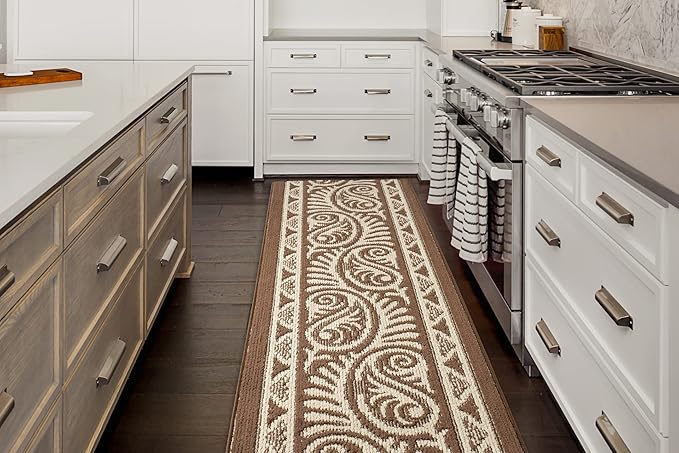 Custom Length Cut to Size Tribal Ethnic Southwestern Inspired Hallway Runner Rug, Non Slip Rubber Backed, 31 inch Wide X Customized Length, Mayan Brown, 31 inch X 20 feet