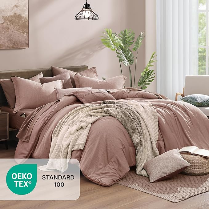 Monbix Queen Comforter Set - 7 Pieces Dusty Pink Cationic Dyeing Bed in a Bag Queen Bedding Sets with Sheets, Pillowcases & Shams, Reversible Bedding Comforters