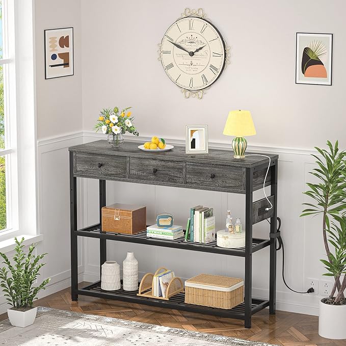 Ecoprsio 47'' Entryway Table with Outlets and USB Ports, Console Table with 3 Drawers, Sofa Table Narrow Long with Storage Shelves for Living Room, Couch, Hallway, Foyer, Kitchen Counter, Grey