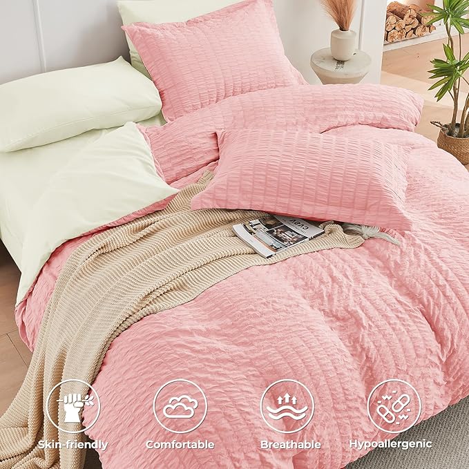 HYMOKEGE Pink/Ivory Twin XL Comforter Set Seersucker 5 Pieces, All Season Luxury Bed in a Bag for Bedroom, Bedding Set with Comforter, Sheets, Pillowcase & Sham