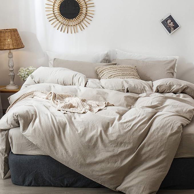 MooMee Bedding Duvet Cover Set 100% Washed Cotton Linen Like Textured Breathable Durable Soft Comfy (Heathered Tannish Linen Grey, Cal King 104"x98")