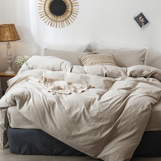 MooMee Bedding Duvet Cover Set 100% Washed Cotton Linen Like Textured Breathable Durable Soft Comfy (Heathered Tannish Linen Grey, Super Queen 90"x98")