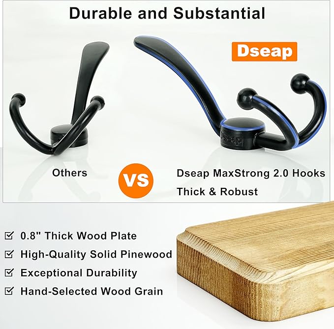 Dseap Coat Rack Wall Mounted - 24" Long 6 Tri Hooks, Heavy Duty Wooden Wall Coat Hanger Coat Hook for Clothes Hat Jacket Clothing, Weathered Green and Black, Pack of 2