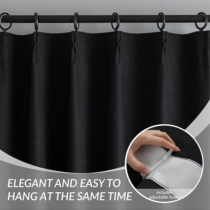KangBang 100% Blackout Pinch Pleat Linen Curtains 105 Inches Long, Extra Long Pleated Drapes with Hooks, Soft Thick Linen Curtain Panels for Sliding Door Modern Farmhouse,60x105, Black,2 PCs