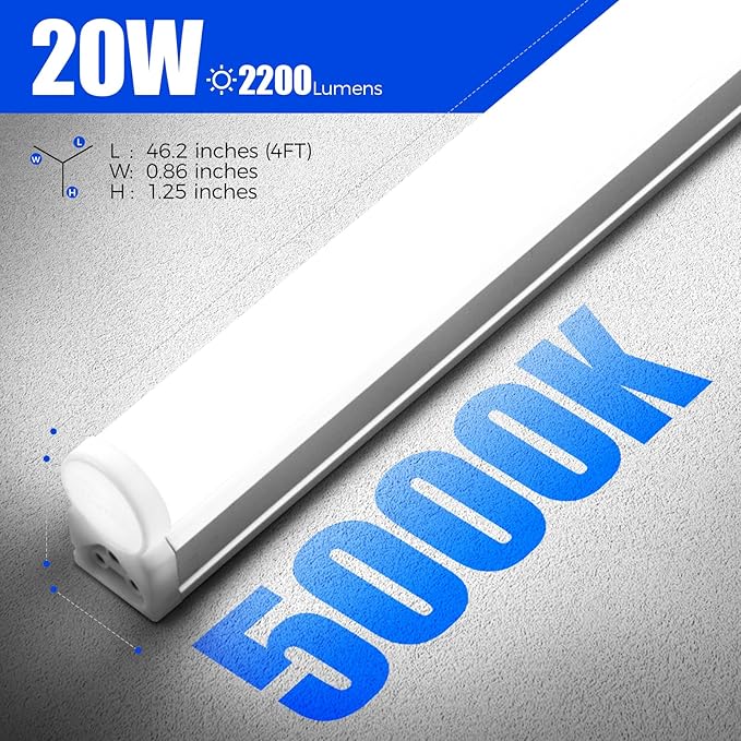 Barrina T5 4FT LED Shop Light, 2200lm,5000K Daylight White, 20W Utility Light Fixture, Ceiling and Under Cabinet Lights for Workshop Garage, Corded Electric with ON/Off Switch, 6 Pack