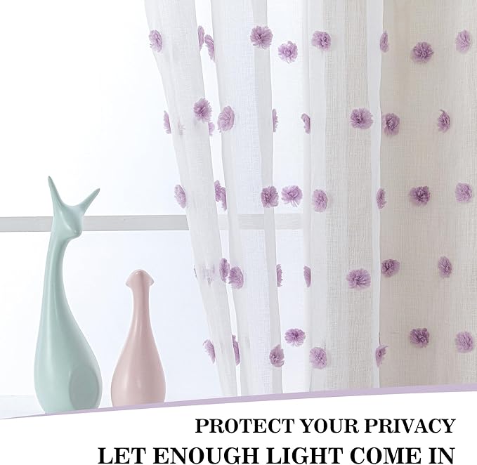 MYSKY HOME Purple Curtains for Girls Bedroom 90 Inch Long White Sheer Curtains with Lilac Pom Pom for Living Room Nursery Curtains 2 Panels Light Filtering Rod Pocket Semi Window Drapes 52 x 90 inch