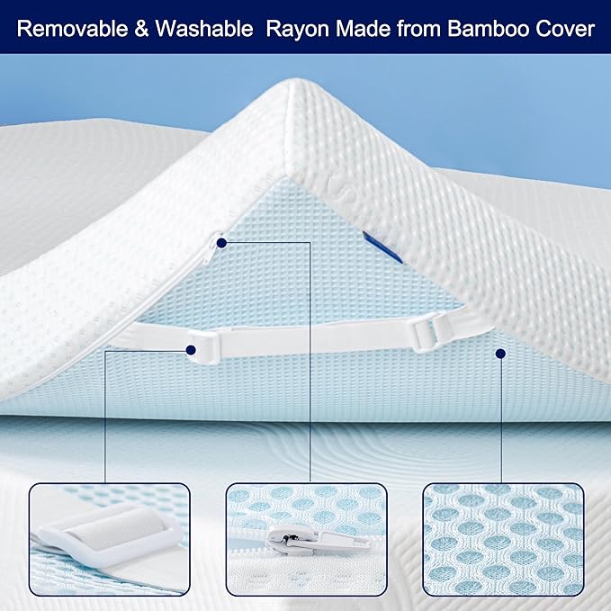 Subrtex 4 Inch Mattress Topper Cover (Only Cover) Mattress Topper Protector Bedding Rayon Made from Bamboo Removable Mattress Encasement with Zippers, King