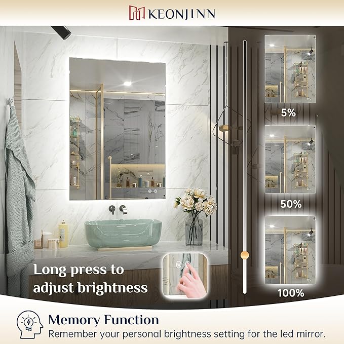 Keonjinn LED Bathroom Mirror with Lights 36 x 36 Inch, Backlit Vanity Mirrors for Wall, Stepless Dimmable, Anti Fog, Waterproof, CR90+ Tempered Glass, Memory Founction, High Lumen