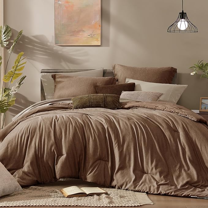 Monbix King Size Comforter Set, Brown King Bedding Set Reversible, King Comforter Set 7 Pieces, Cationic Dyeing Bed in a Bag with Comforter, Sheets, Pillowcases & Shams